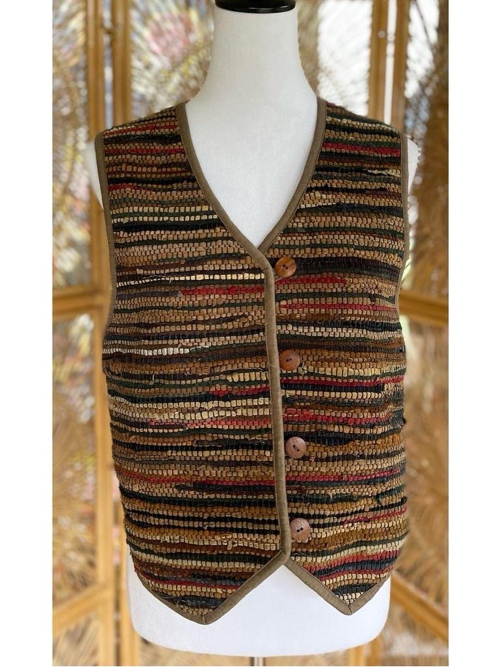 Vintage Northern Isles Multicolored Suede Leather Woven Tan Cotton Vest S - Picture 6 of 6